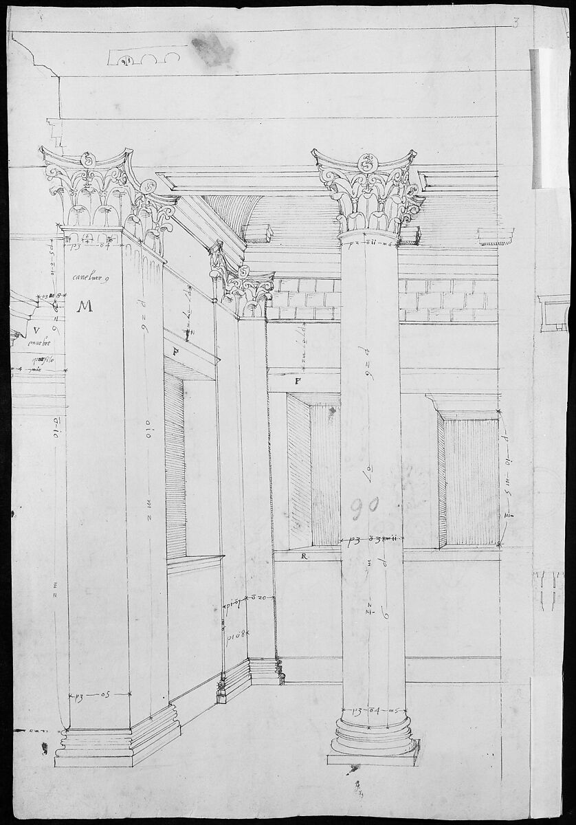Pantheon, entablature and column pilaster capital, projection; rosette, details; capital profile; base, profile; pilaster, plan (recto) Pantheon, rectangular niche, perspective (verso), Drawn by Anonymous, French, 16th century, Dark brown ink, black chalk, and incised lines
