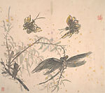 Insects and Flowers, Huang Binhong (Chinese, 1865–1955), Album of ten leaves; ink and color on gold-flecked paper, China