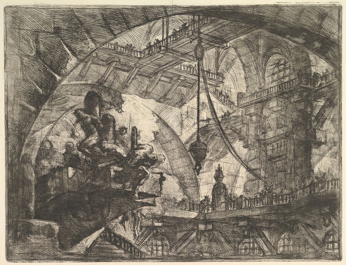 Prisoners on a Projecting Platform, from "Carceri d'invenzione" (Imaginary Prisons), Giovanni Battista Piranesi (Italian, Mogliano Veneto 1720–1778 Rome), Etching, engraving, sulphur tint or open bite, burnishing; first state of four (Robison) 