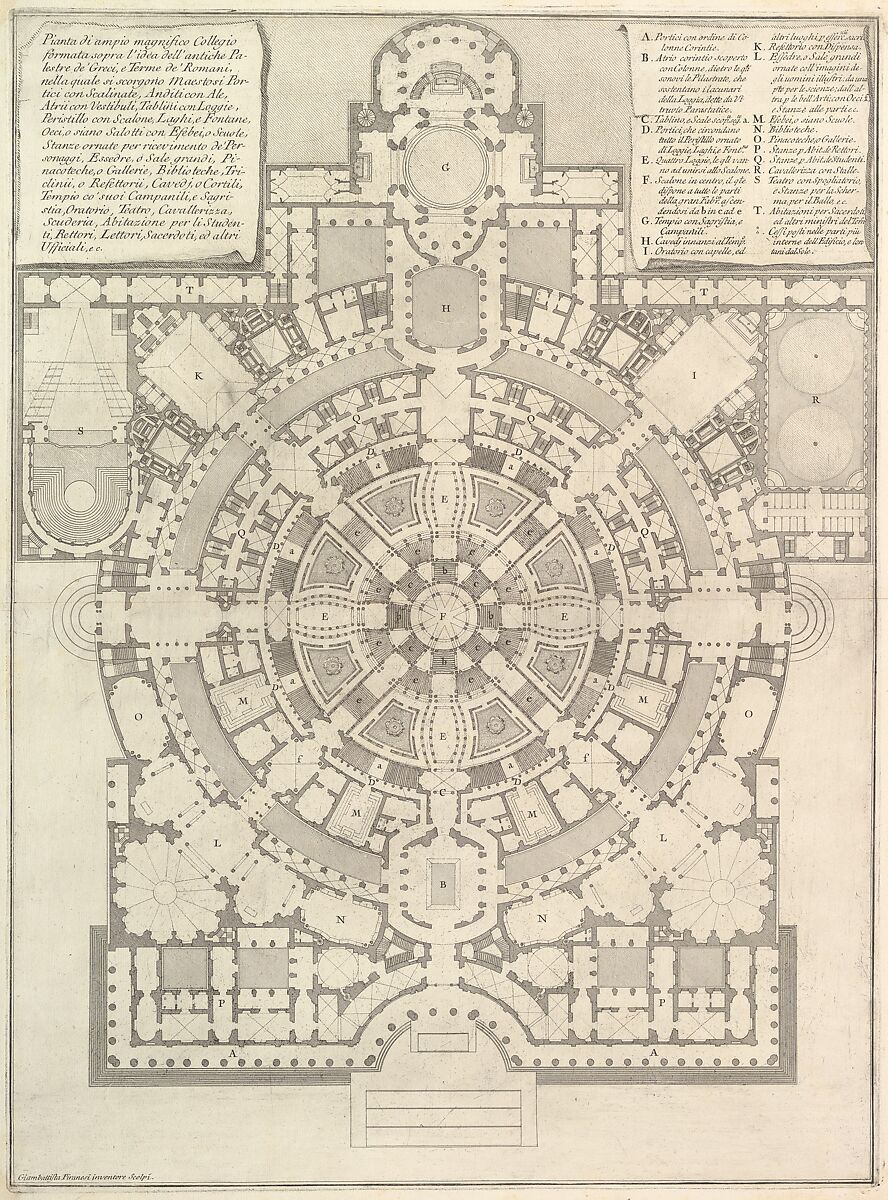 Plan of a spacious and magnificent College designed after the ancient gymnasia of the Greeks and the baths of the Romans..., from "Opere Varie di Architettura, prospettive, grotteschi, antichità; inventate, ed incise da Giambattista Piranesi Architetto Veneziano" (Various Works of Architecture, perspectives, grotesques and antiquities; designed and etched by Giambattista Piranesi, Venetian Architect), Giovanni Battista Piranesi (Italian, Mogliano Veneto 1720–1778 Rome), Etching, engraving, drypoint; second state of seven (Robison) 
