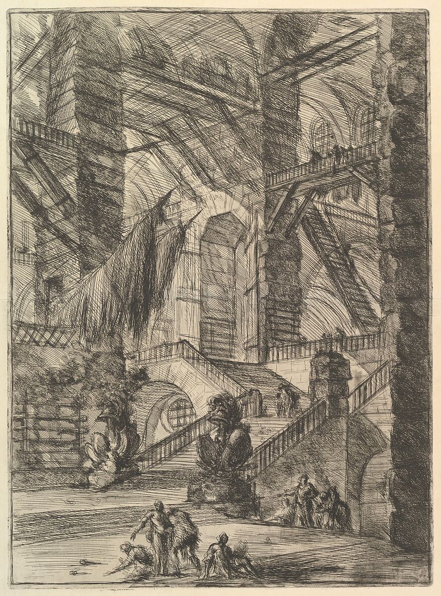 The Staircase with Trophies, from "Carceri d'invenzione" (Imaginary Prisons), Giovanni Battista Piranesi (Italian, Mogliano Veneto 1720–1778 Rome), Etching, engraving; first state of six (Robison) 