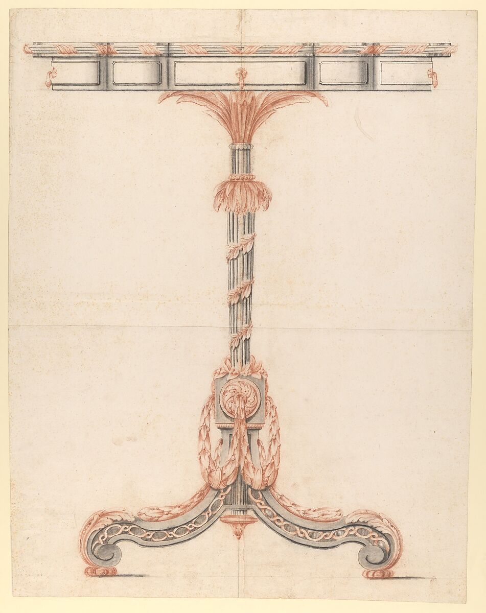 Design for a Silver and Gilt-Bronze Table with a Garland, Anonymous, French, 18th century, Pen and brown and black ink, black and red chalk, and graphite 