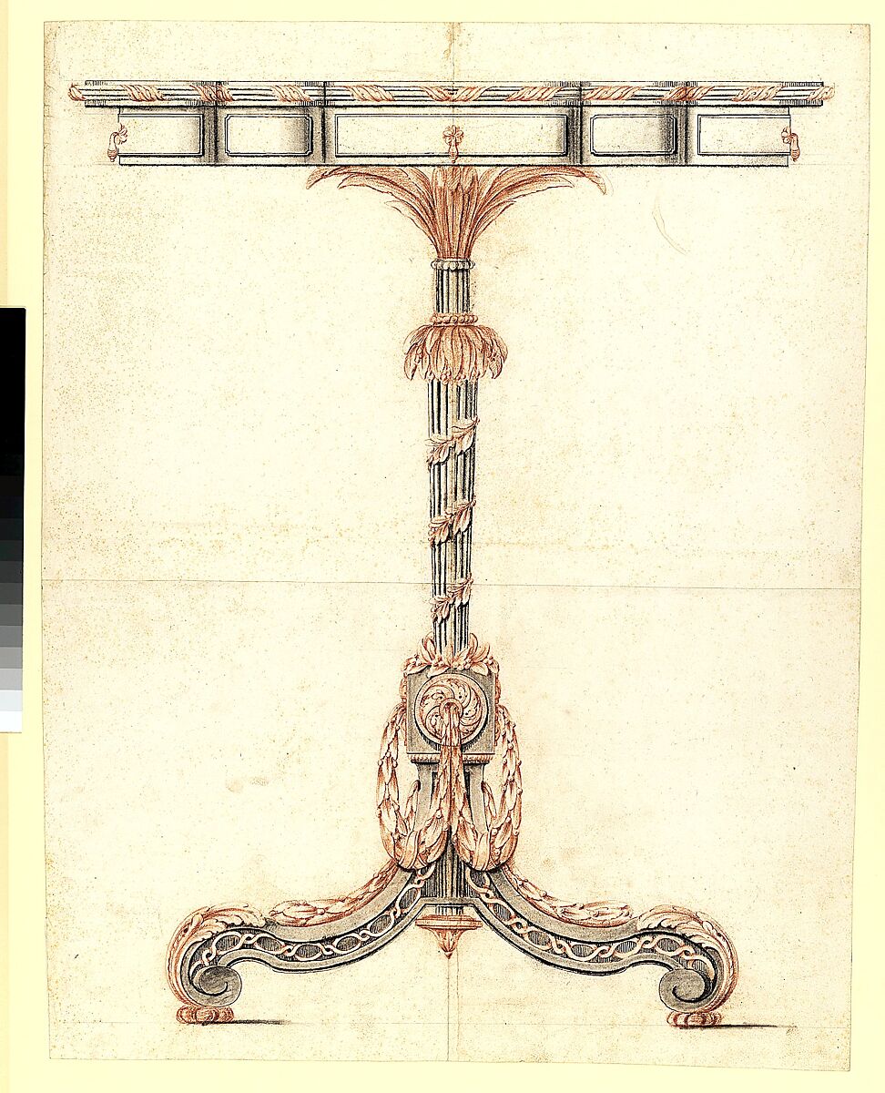 Design for a Silver and Gilt-Bronze Table with a Garland, Anonymous, French, 18th century, Pen and brown and black ink, black and red chalk, and graphite