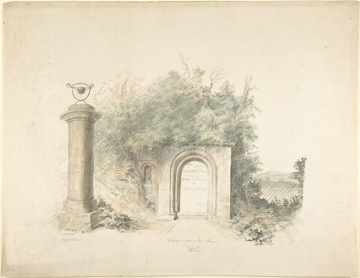 Title Page to a Group of Plans, Elevations and Scenic Interiors of Lea Castle, Worcestershire, Containing a View of New Front to the Ice House, Attributed to John Carter (British, London 1748–1817 London), Watercolor 