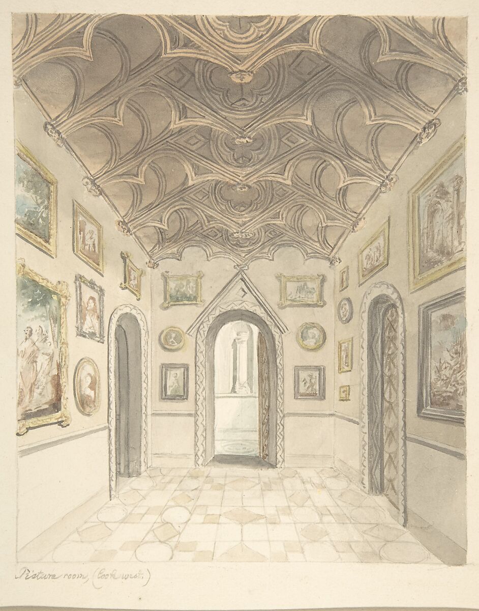 Lea Castle, Worcestershire, Picture Room, Looking West, Attributed to John Carter (British, London 1748–1817 London), Watercolor 