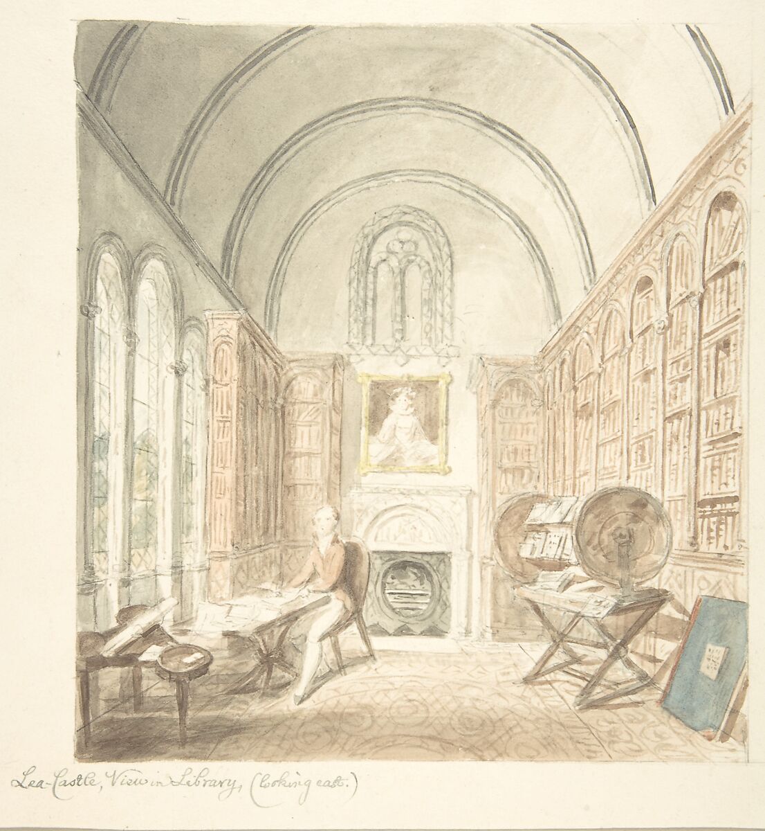 Lea Castle, View in the Library, Looking East, Attributed to John Carter (British, London 1748–1817 London), Watercolor 