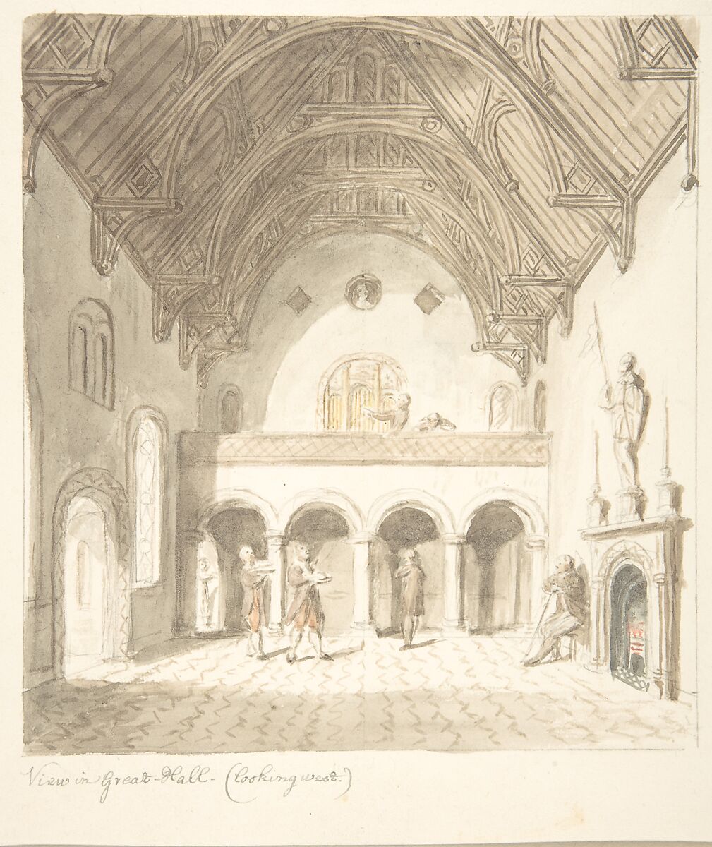 Lea Castle, Worcestershire, View in the Great Hall, Looking West, Attributed to John Carter (British, London 1748–1817 London), Watercolor 