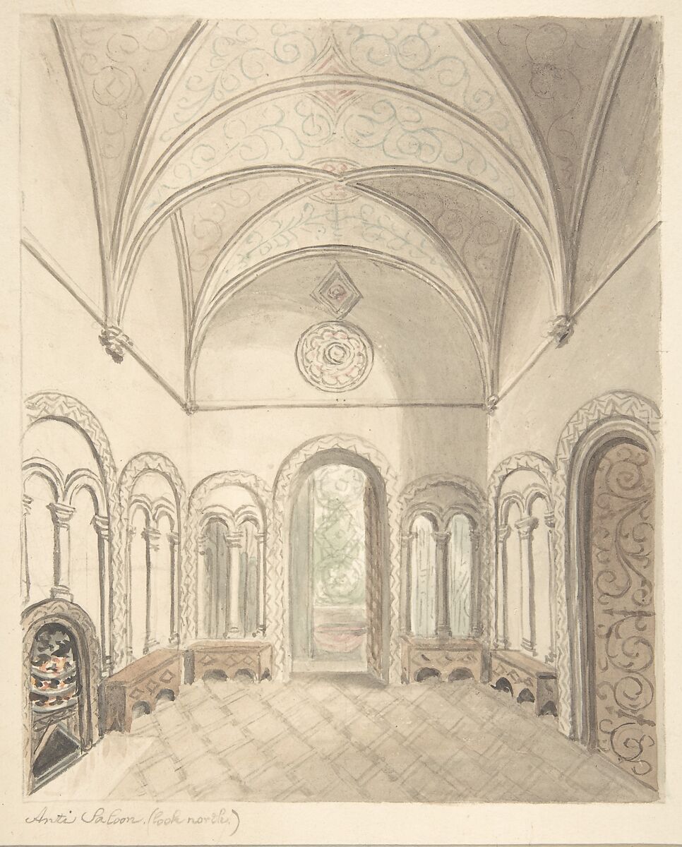 Lea Castle, Worcestershire, Ante-saloon, Looking North, John Carter (British, London 1748–1817 London), Watercolor 