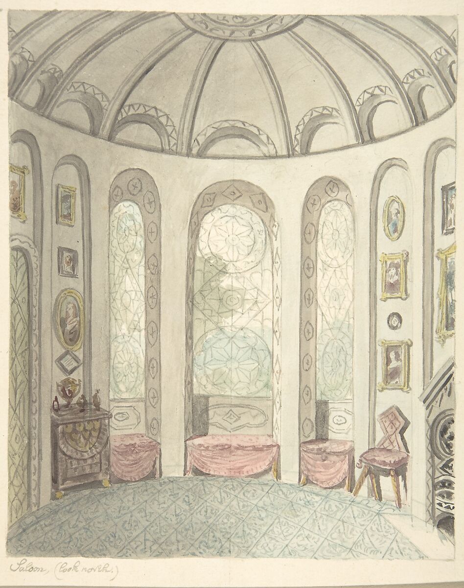 Lea Castle, Worcestershire, Saloon, Looking North, Attributed to John Carter (British, London 1748–1817 London), Watercolor 