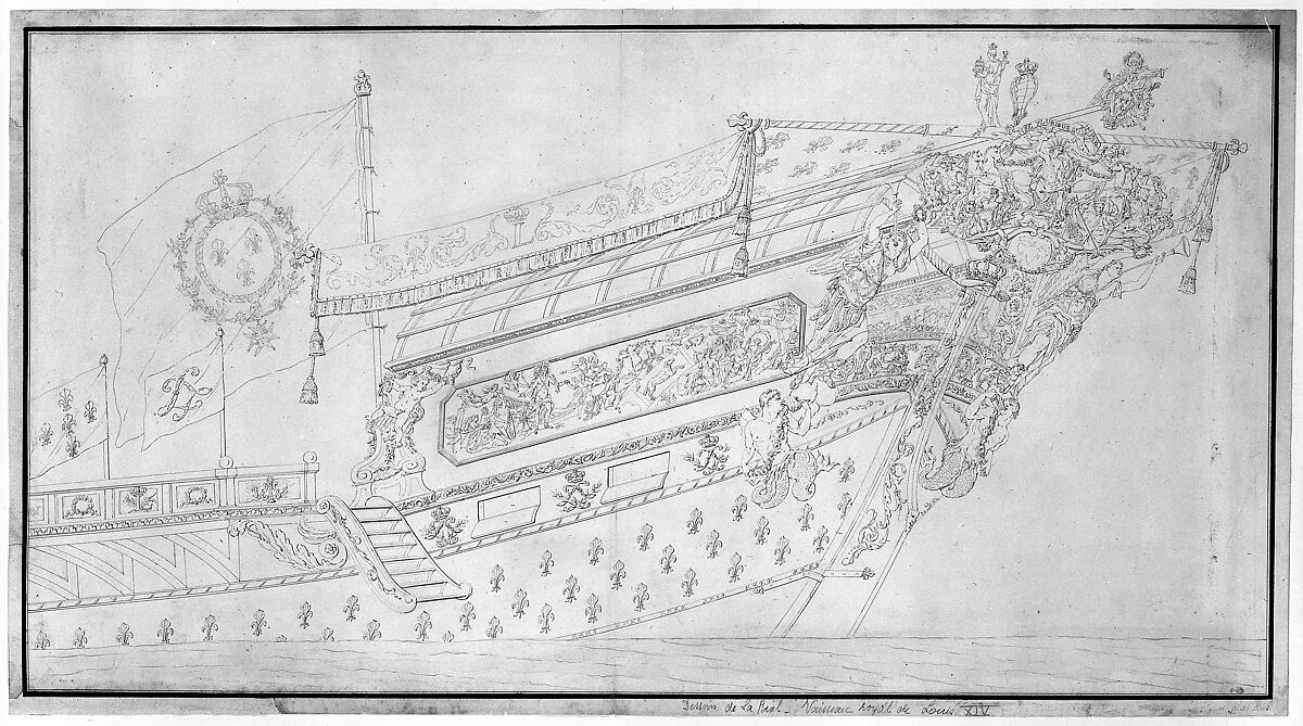 Drawing of the Stern of "La Réal", Anonymous, French, 19th century, Pen and black, gray and red ink.  Framing lines in pen and black ink, brush and black wash. 