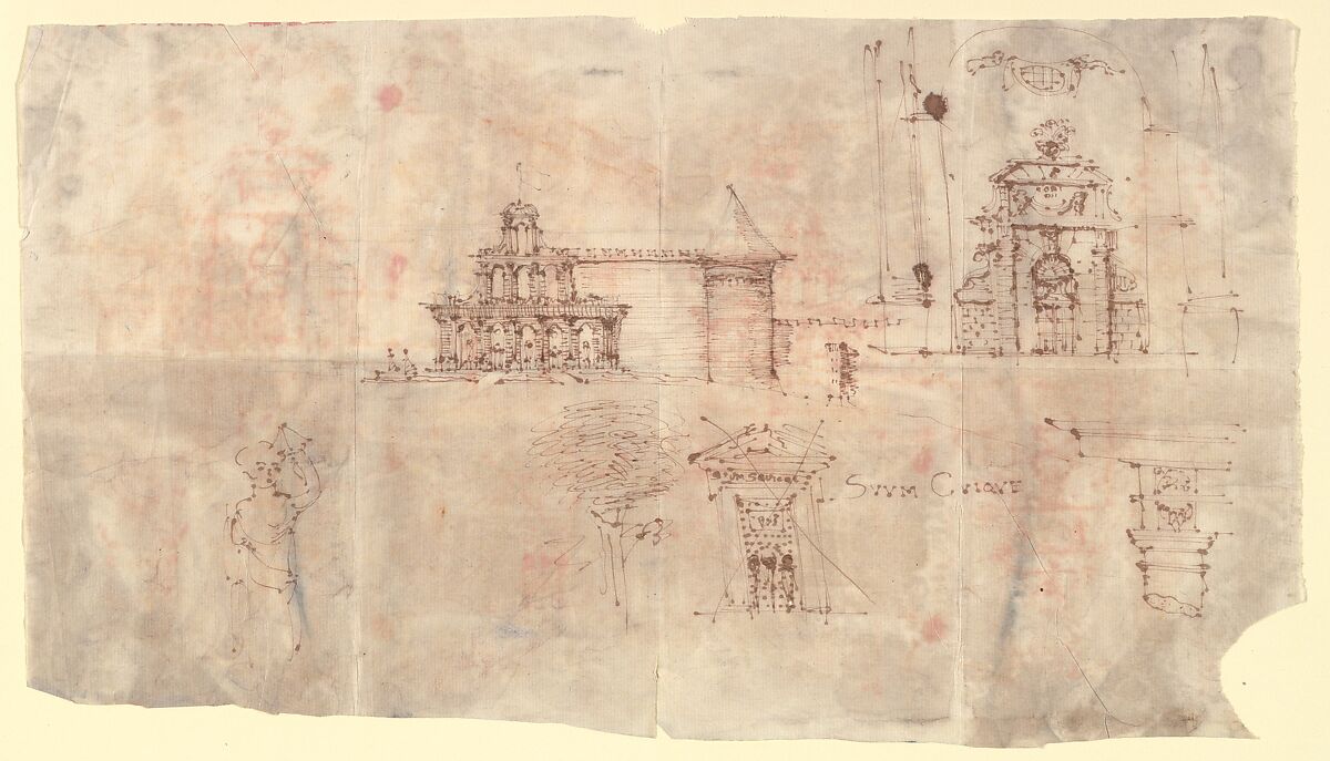 Studies of Architectural Motifs, Anonymous, French, 18th century, Pen and brown ink with traces of red chalk 