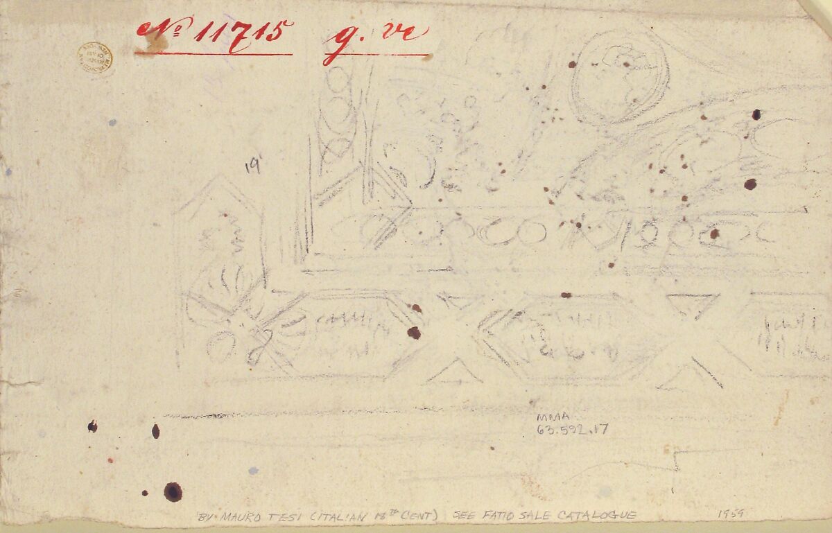 Study for the Decoration of a Vault (recto); Faint Sketches of Ornamental Patterns (verso), Mauro Antonio Tesi (Italian, Montalbano 1730–1766 Bologna), Pen and brown ink, over black chalk (recto); black chalk (verso)