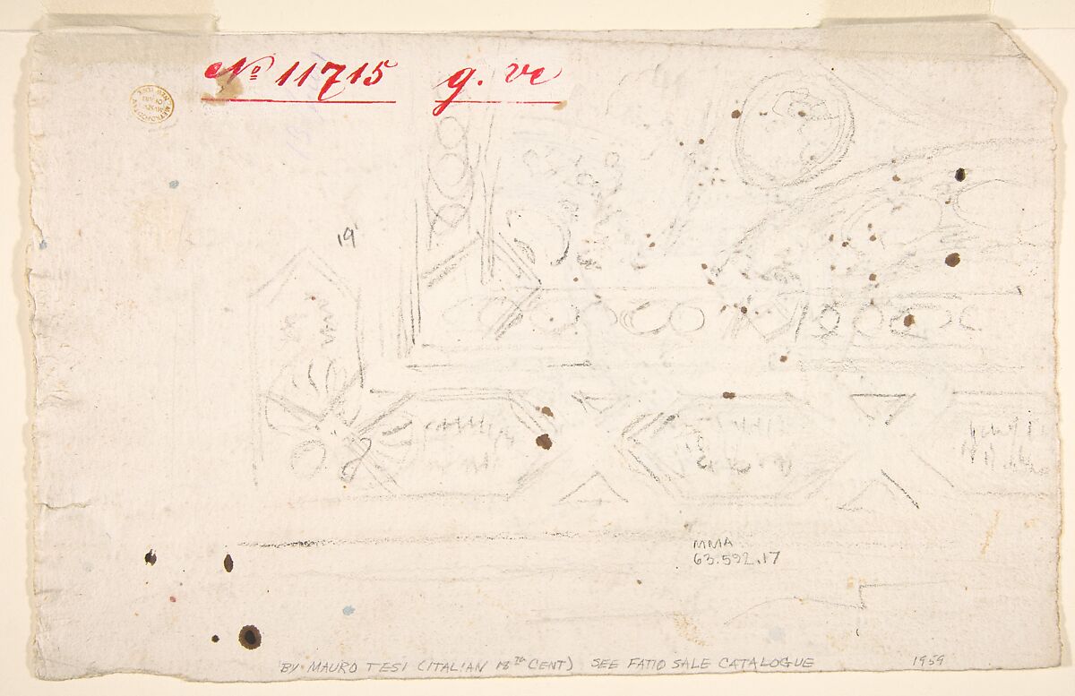 Study for the Decoration of a Vault (recto); Faint Sketches of Ornamental Patterns (verso), Mauro Antonio Tesi (Italian, Montalbano 1730–1766 Bologna), Pen and brown ink, over black chalk (recto); black chalk (verso)
