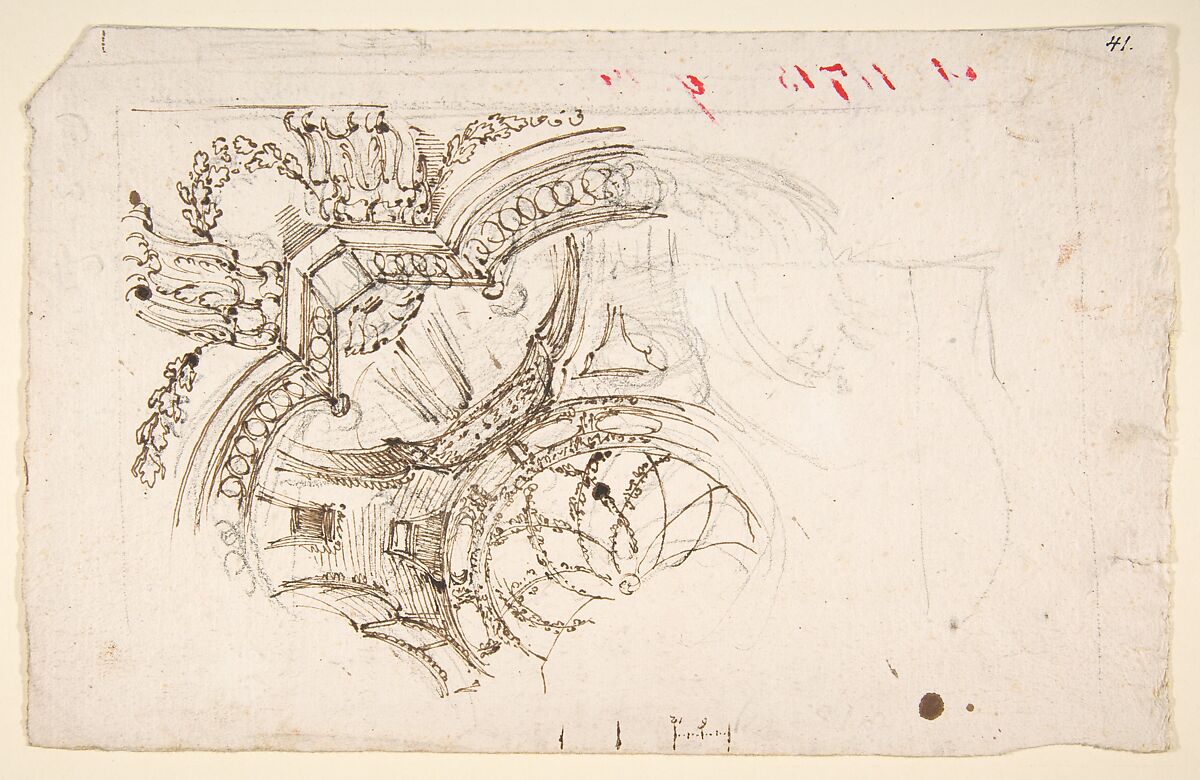 Study for the Decoration of a Vault (recto); Faint Sketches of Ornamental Patterns (verso), Mauro Antonio Tesi (Italian, Montalbano 1730–1766 Bologna), Pen and brown ink, over black chalk (recto); black chalk (verso) 