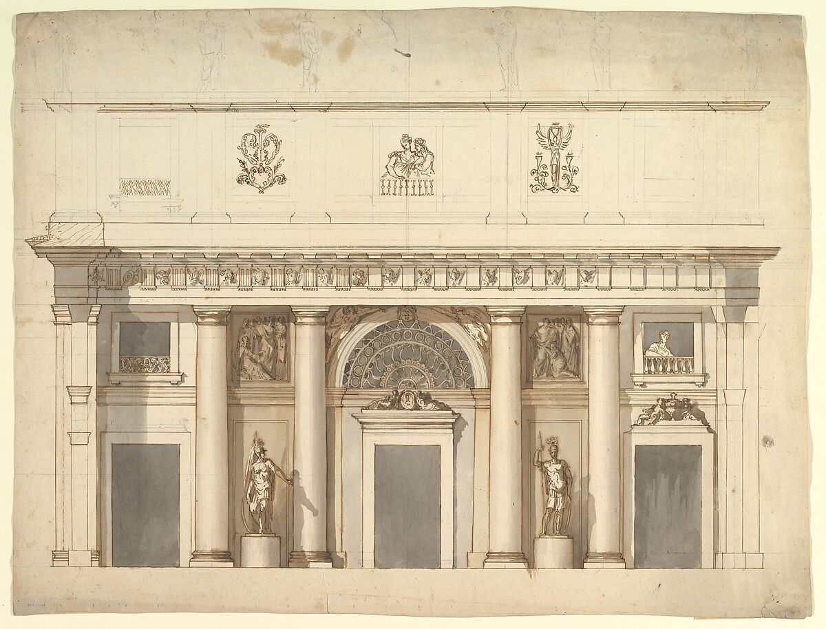 Elevation for a Portico of Doric Order, Anonymous, Italian, 18th or early 19th century  , possibly Venetian, Pen and brown ink, brush and brown and gray wash, over graphite 