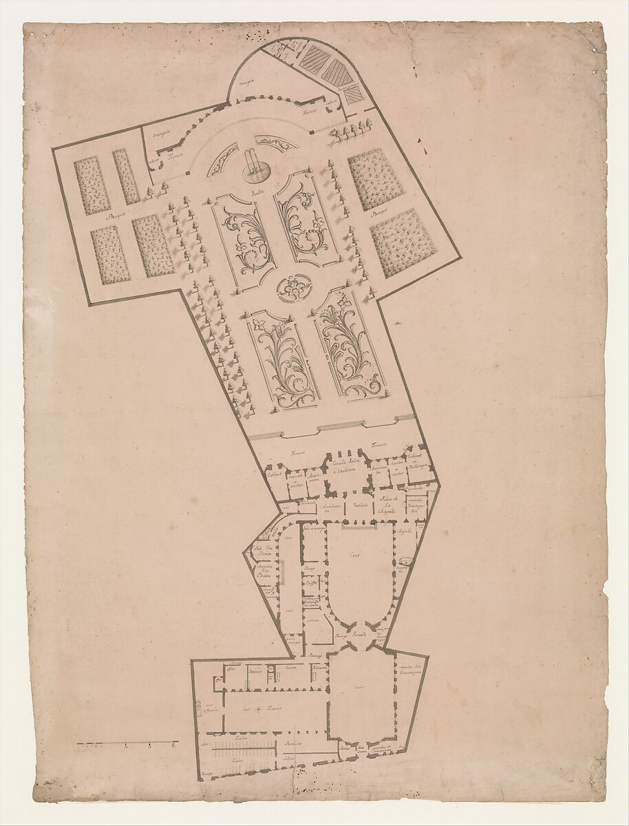 Plan of a Hotel and Garden, Anonymous, French, 17th century, Pen and black ink, brush and gray wash 