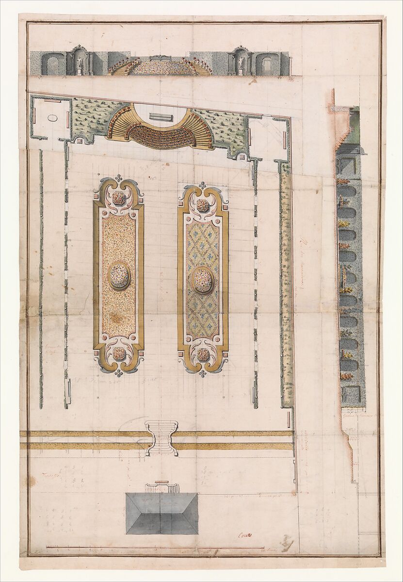 Design for the Garden of a Hotel on Rue des Amandiers, Paris, Anonymous, French, 18th century, Pen and black and brown ink, watercolor, over graphite 