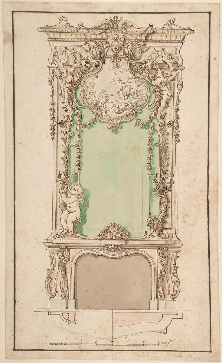 Design for Mantelpiece and Elaborate Overmantel, Giovanni Larciani ("Master of the Kress Landscapes") (Italian, 1484–1527)  , Neapolitan, Pen and brown ink, brush and brown, pink, and green wash, over graphite 