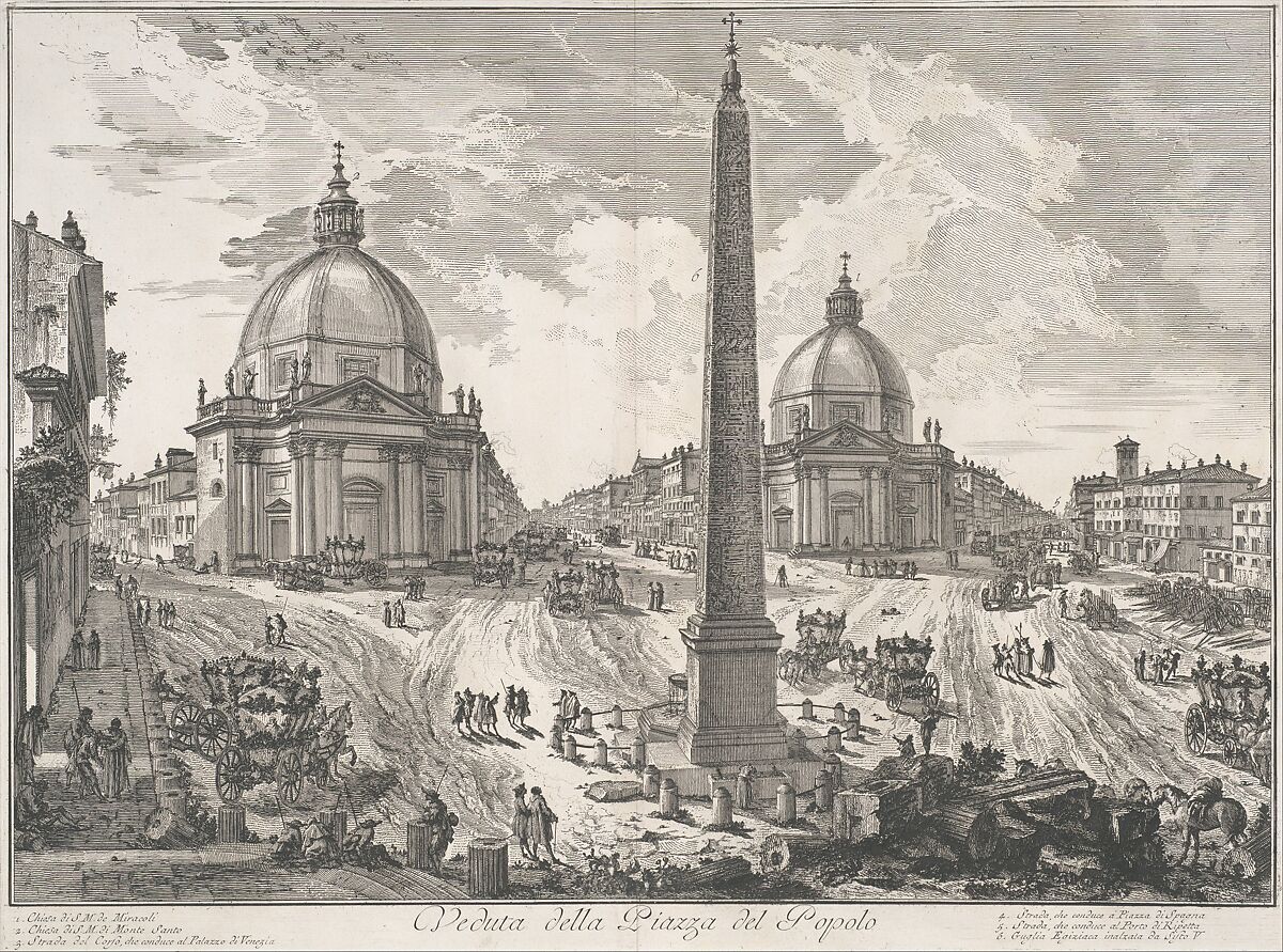 The Piazza del Popolo (Veduta della Piazza del Popolo), from "Vedute di Roma", Giovanni Battista Piranesi (Italian, Mogliano Veneto 1720–1778 Rome), Etching 