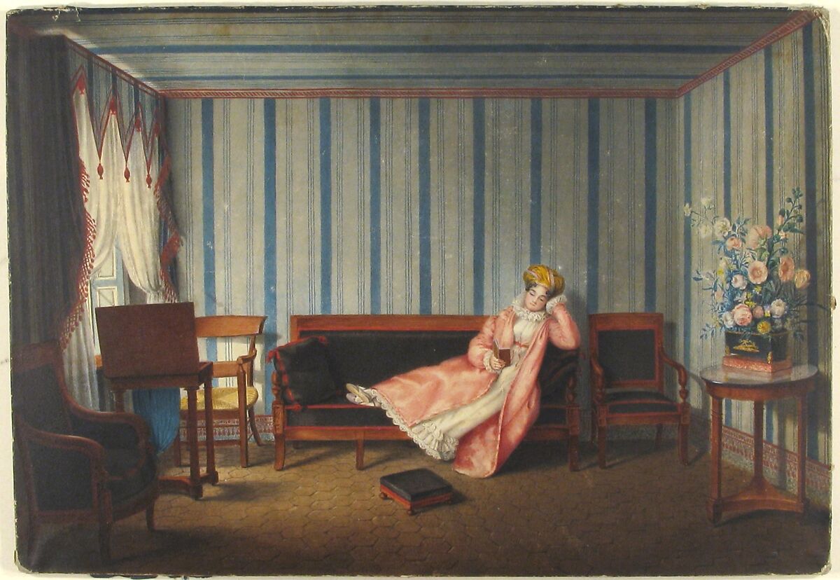 Woman in Pink Reclining on a Canape, Theodore Lebrun (French, active ca. 1819), Watercolor