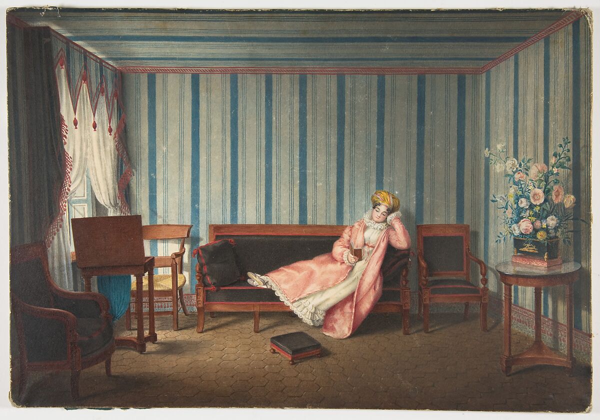 Woman in Pink Reclining on a Canape, Theodore Lebrun (French, active ca. 1819), Watercolor 