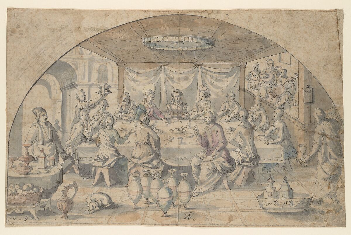 Marriage at Cana, Andreas Goeding (German, Dresden ca. 1570–ca. 1625 Dresden), Graphite, pen and black ink, brush and gray wash, and watercolor
