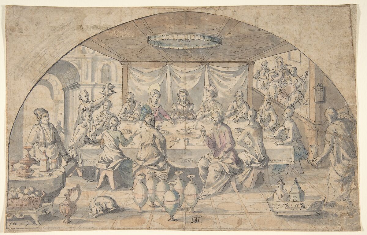 Marriage at Cana, Andreas Goeding (German, Dresden ca. 1570–ca. 1625 Dresden), Graphite, pen and black ink, brush and gray wash, and watercolor 