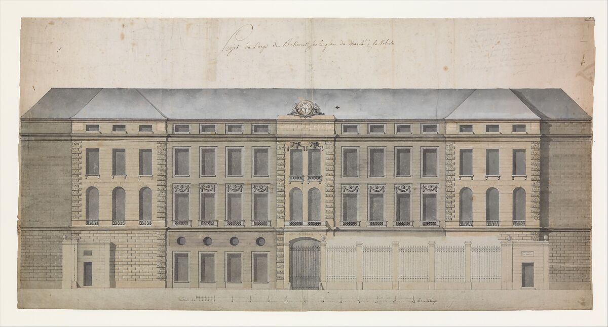 Elevation of the Façade of the Marché à la Volaille, Quai des Grands Augustins, Paris, Célestin-Joseph Happe, Pen and black ink, brush and gray, brown, blue, and rose wash 