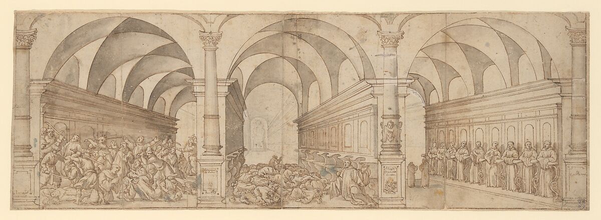 Three Scenes of the Assassination of Clerics, Augustin Braun  German, Pen and brown ink over graphite with brush and brown and gray wash; framing line in brown ink