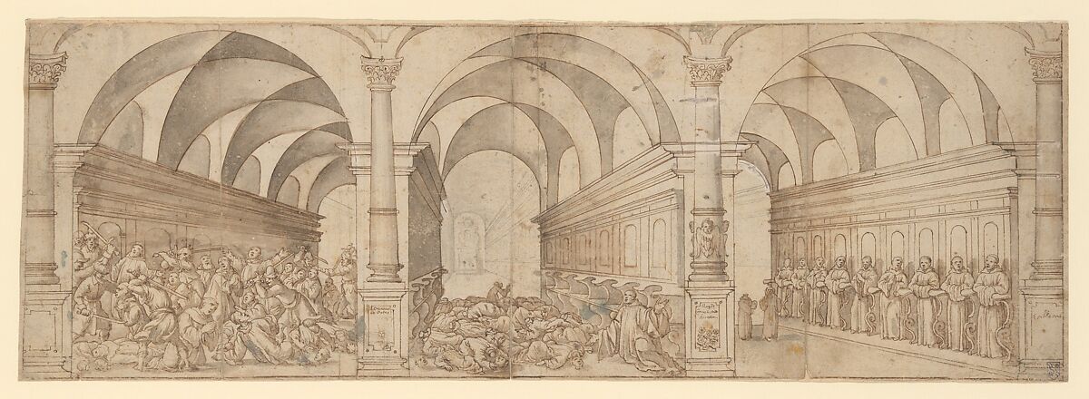 Three Scenes of the Assassination of Clerics, Augustin Braun (German, Cologne ca. 1570–1639 Cologne), Pen and brown ink over graphite with brush and brown and gray wash; framing lines in pen and brown ink 