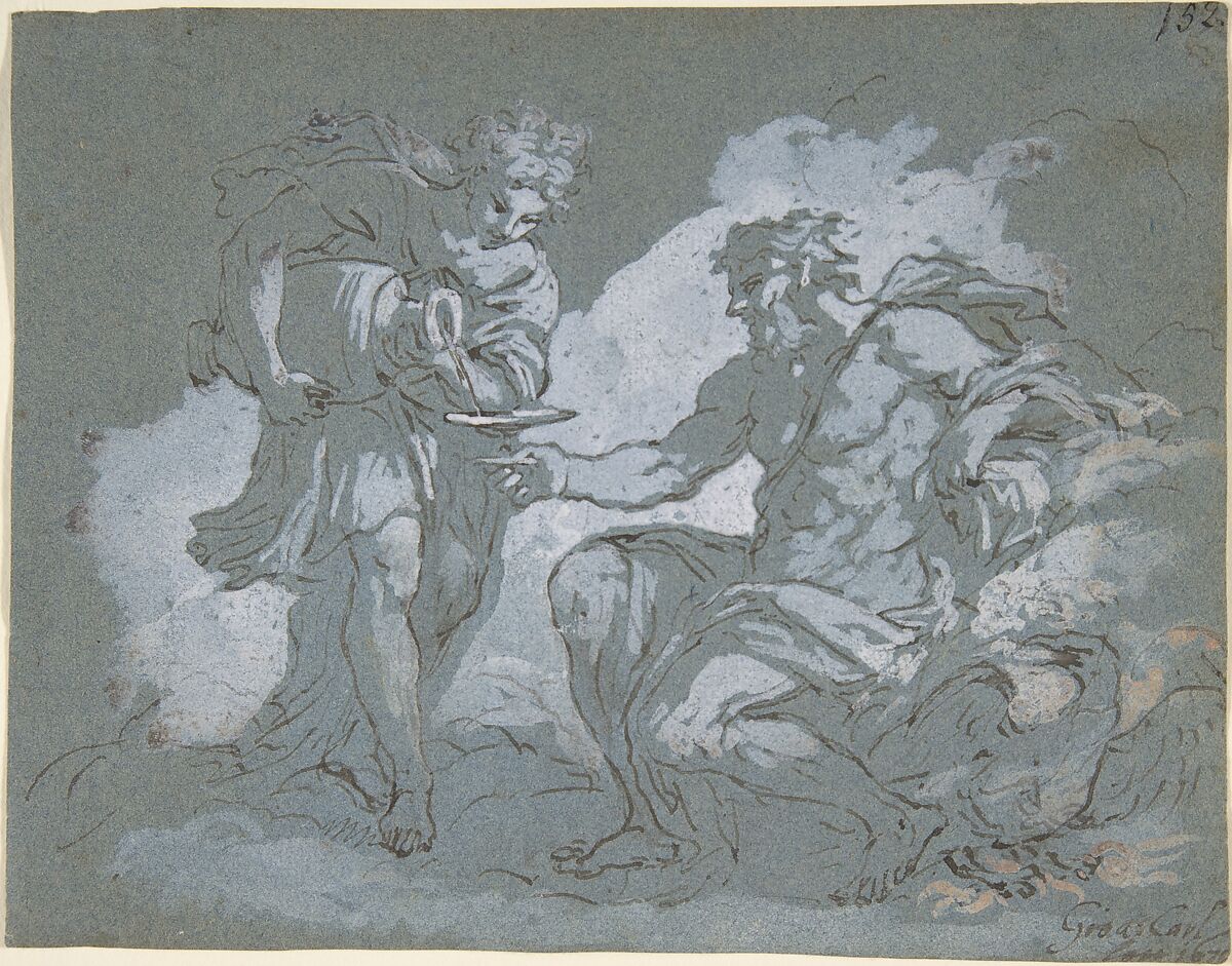 Jupiter and Ganymede, Johan Carl Loth (German, Munich 1632–1698 Venice), Pen and brown ink, heightened with white on blue paper 