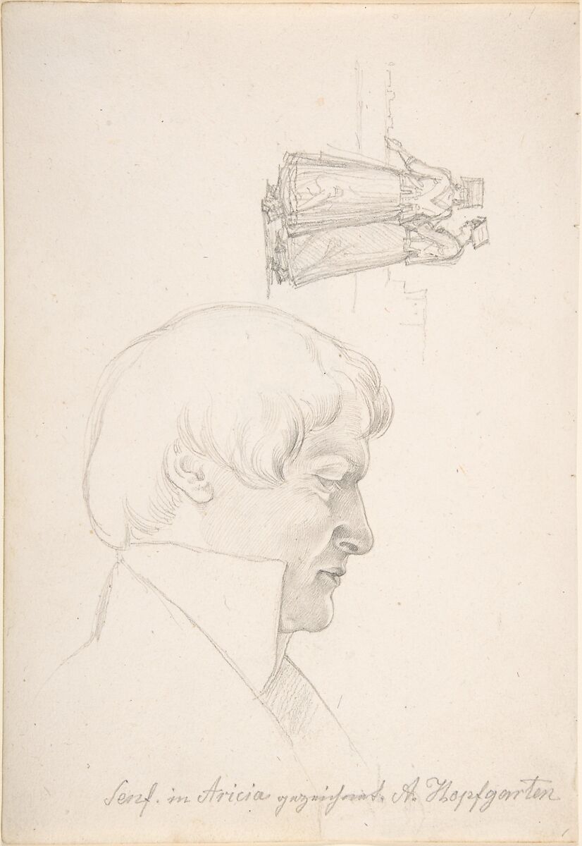 Study Sheet with a Portrait of Carl Julius Senff and Two Italian Women Walking, August Ferdinand Hopfgarten (German, Berlin 1807–1896 Berlin), Graphite 