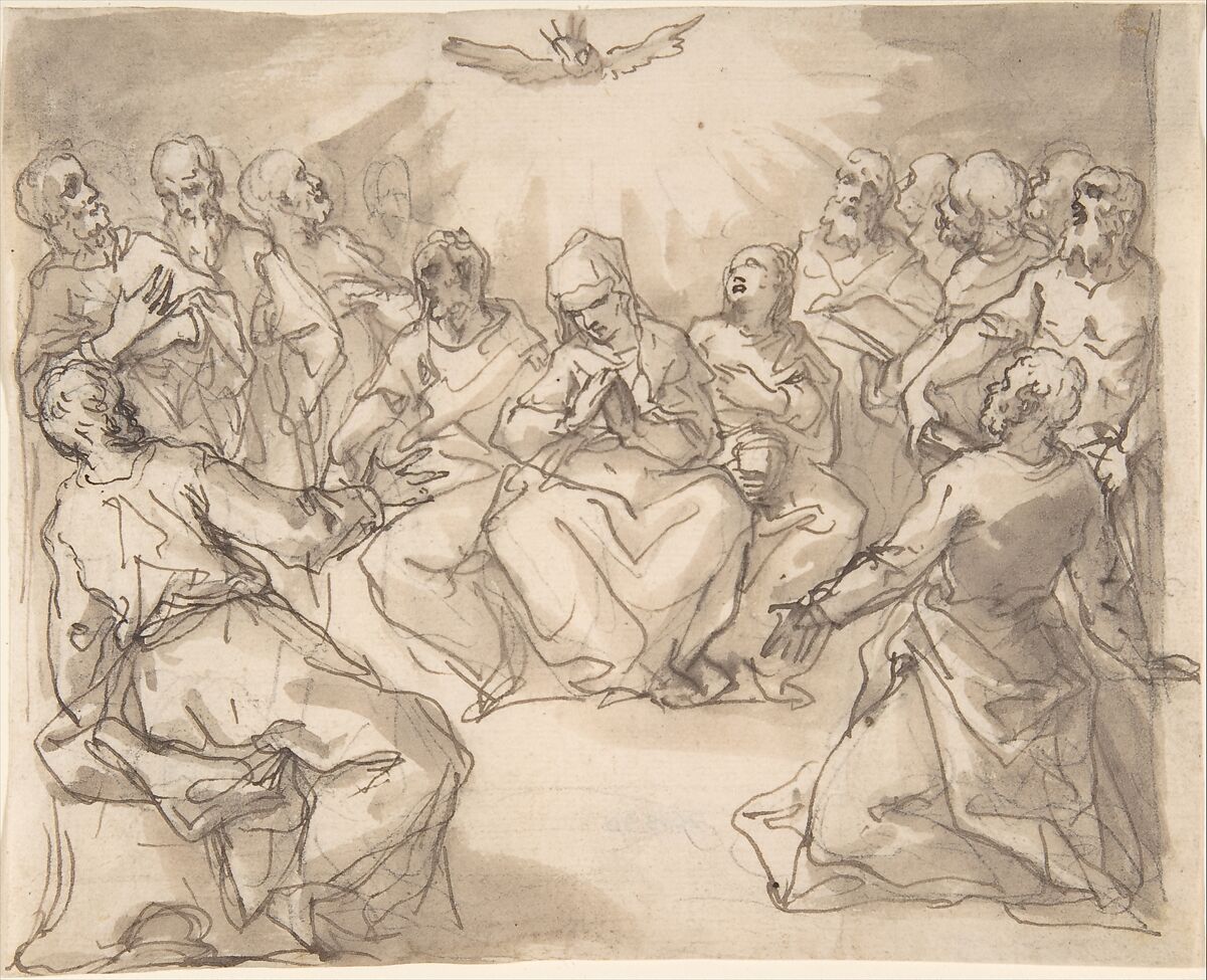 The Descent of the Holy Ghost, Hans Rottenhammer I (German, Munich 1564–1625 Augsburg), Graphite, pen and brown ink, brown wash 