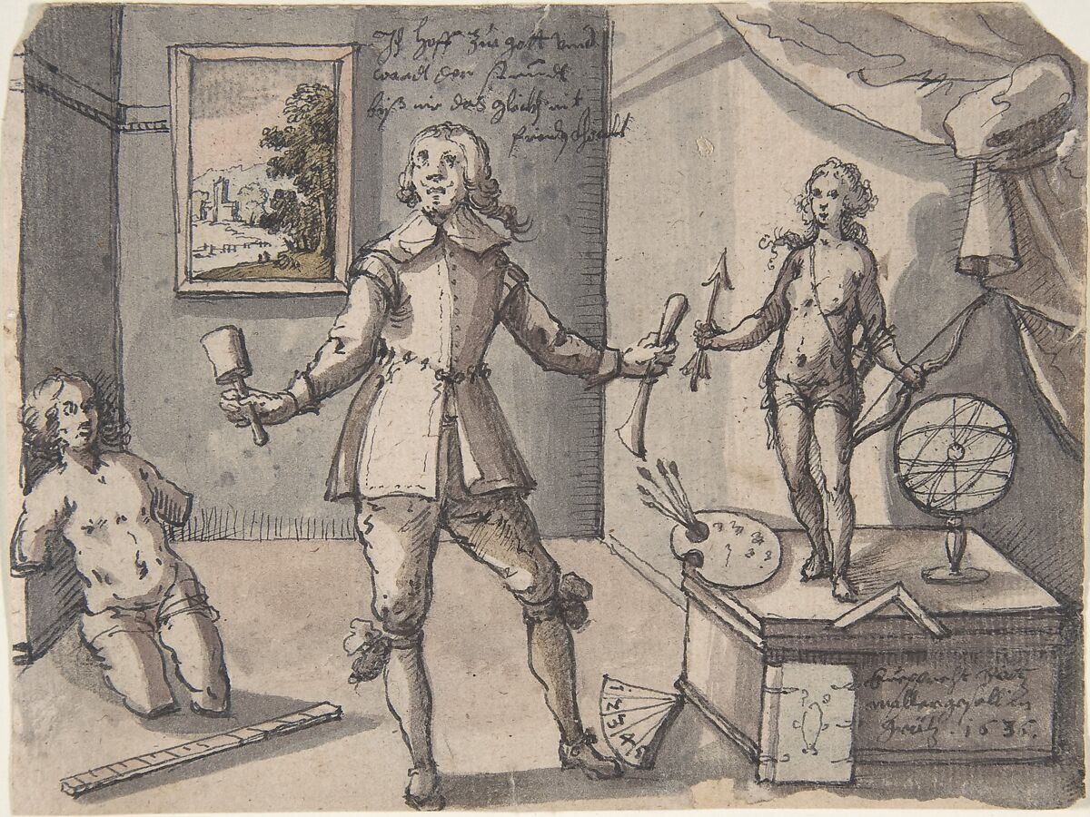 The Artist in His Studio, Ruprecht Bartz (German, active ca. 1636), Pen and black ink, gray and brown wash, watercolor 