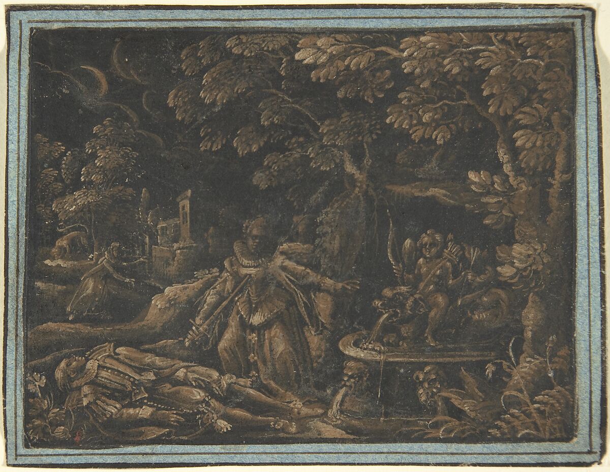 Pyramus and Thisbe, Anonymous, German, 17th century, Brush and brown and black gouache, heightened with white bodycolor 