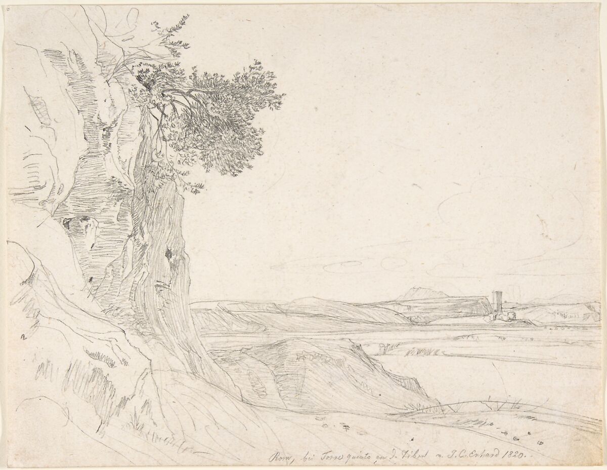 A View of the Roman Campagna with the Tiber near Torre Quinto, Johann Christoph Erhard (German, Nuremberg 1795–1822 Rome), Graphite 