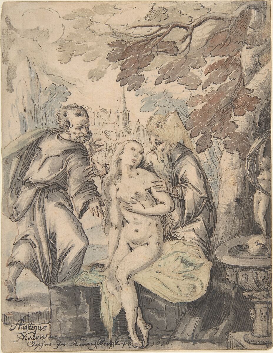 Susanna and the Elders, Augustin Medow (German, active 1602, recorded after 1622–1660, Lübeck), Pen and black and brown ink, brush and gray ink, and some watercolor 