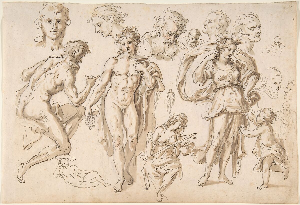 Recto: figure and head-studies (including Bacchus); Verso: four main figure studies repeated from the recto, Bartholomaeus Ignaz Weiss (German, Munich 1730–1814/15 Munich), Recto: pen and brown ink, brown wash and red chalk; Verso: red chalk and pen and black ink 