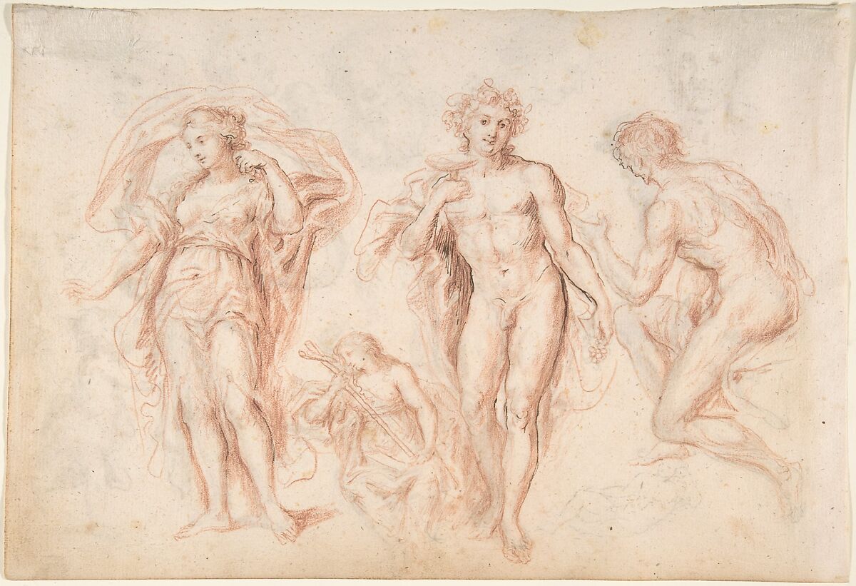 Figure and head-studies (including Bacchus) (recto); four main figure studies repeated from the recto (verso), Bartholomaeus Ignaz Weiss (German, Munich 1730–1814/15 Munich), Pen and brown ink, brush and brown wash, and red chalk (recto); red chalk and pen and black ink (verso)