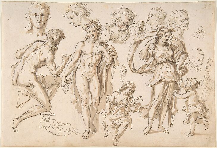 Recto: figure and head-studies (including Bacchus); Verso: four main figure studies repeated from the recto
