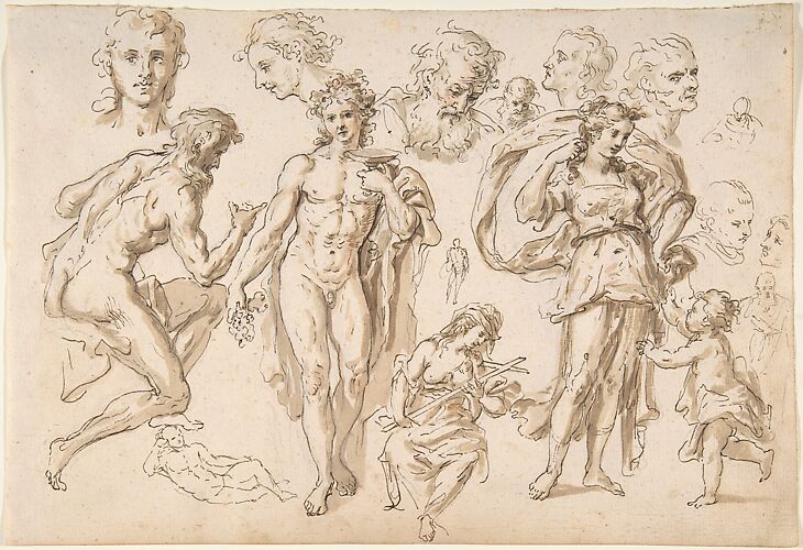 Figure and head-studies (including Bacchus) (recto); four main figure studies repeated from the recto (verso)