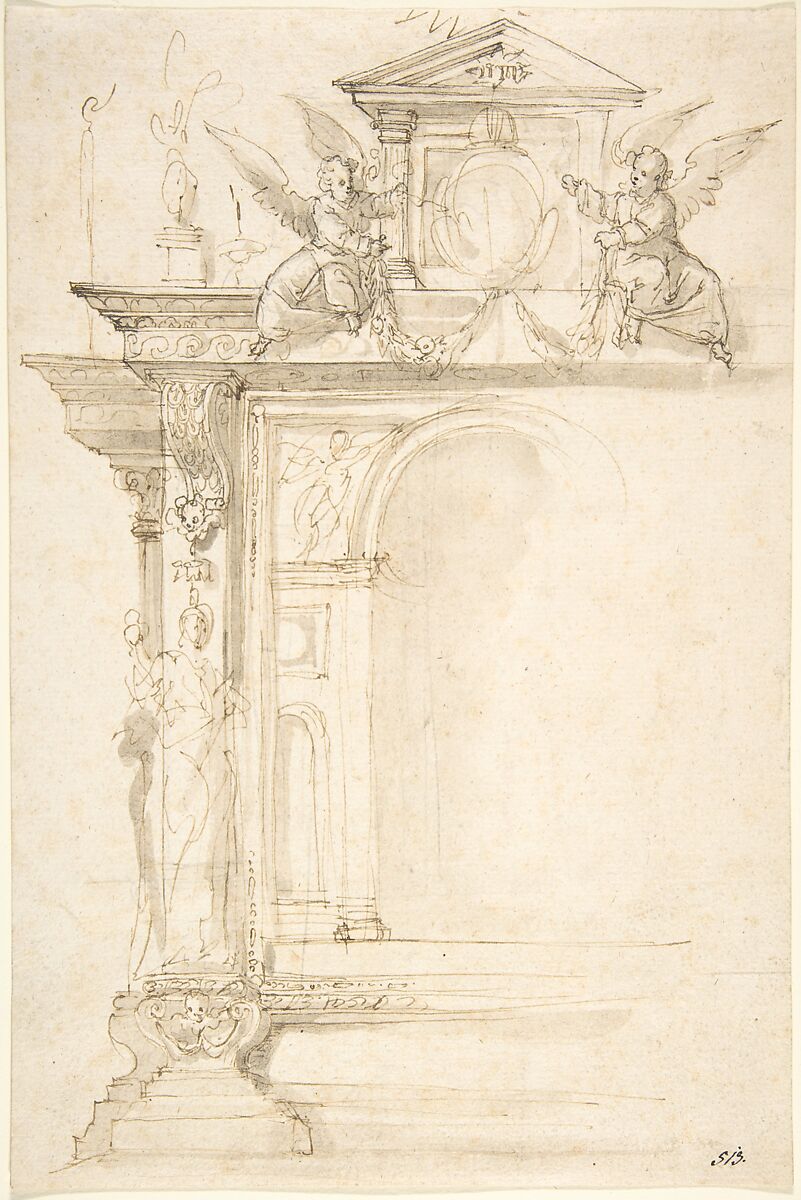 Design for an Altar or Monument with Angels and Other Figures, Attributed to Peter Candid (Pieter de Witte, Pietro Candido) (Netherlandish, Bruges ca. 1548–1628 Munich), Pen and brown ink and brown-gray wash 