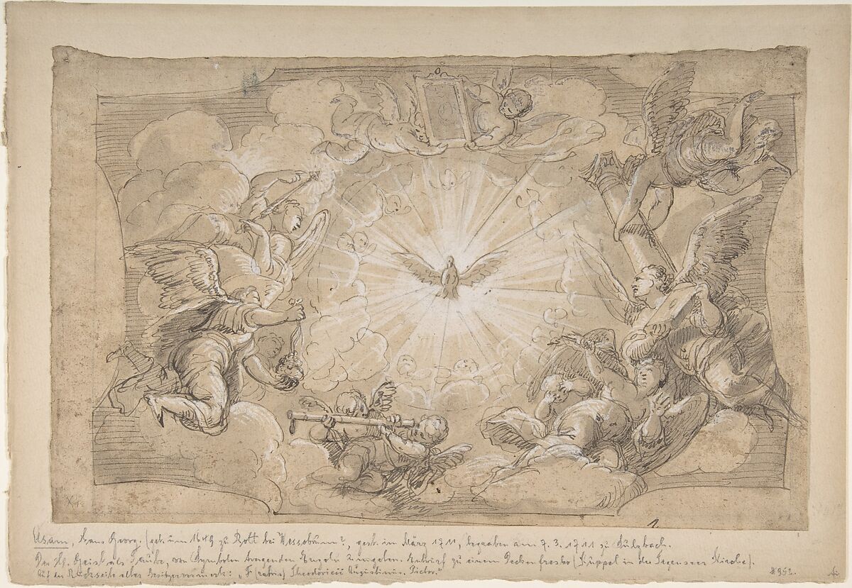 The Holy Ghost Surrounded by Angels, Hans Georg Asam (German, Rott am Inn 1649–1711 Sulzbach), Pen and brown ink, gray wash, heightened with white 