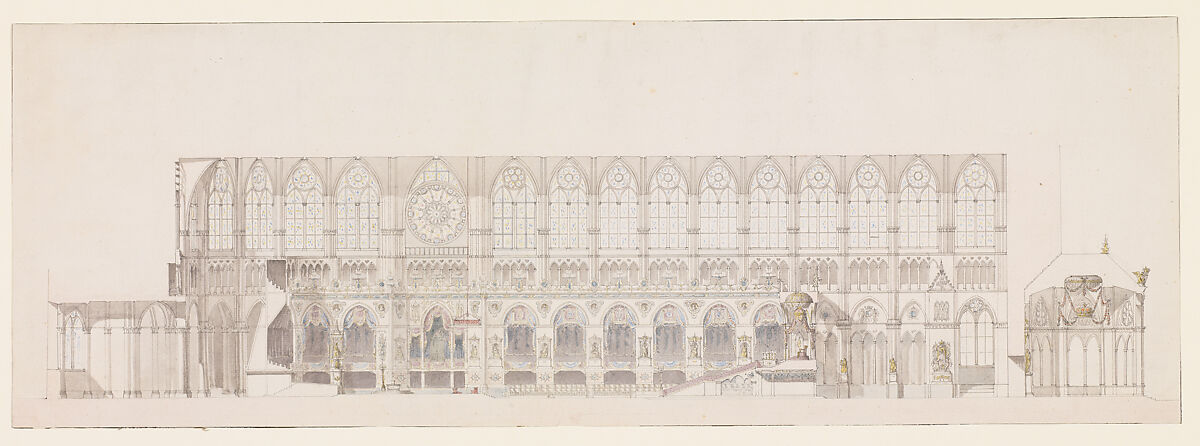 Cross Section of the Nave of Reims Cathedral, decorated for the Coronation of King Louis XVIII, Charles Percier (French, Paris 1764–1838 Paris), Pen and black ink, brush and gray, blue, yellow, violet, and rose wash 