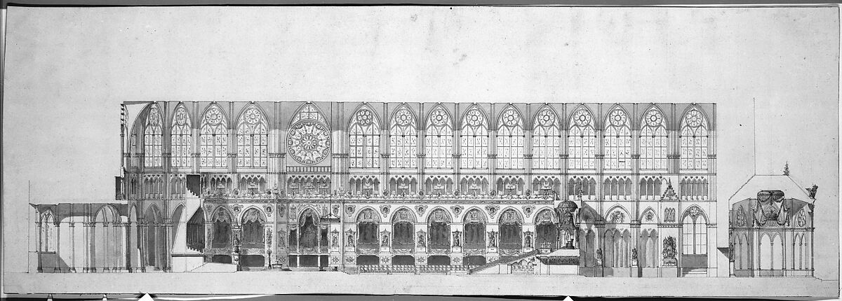 Cross Section of the Nave of Reims Cathedral, decorated for the Coronation of King Louis XVIII, Charles Percier (French, Paris 1764–1838 Paris), Pen and black ink, brush and gray, blue, yellow, violet, and rose wash