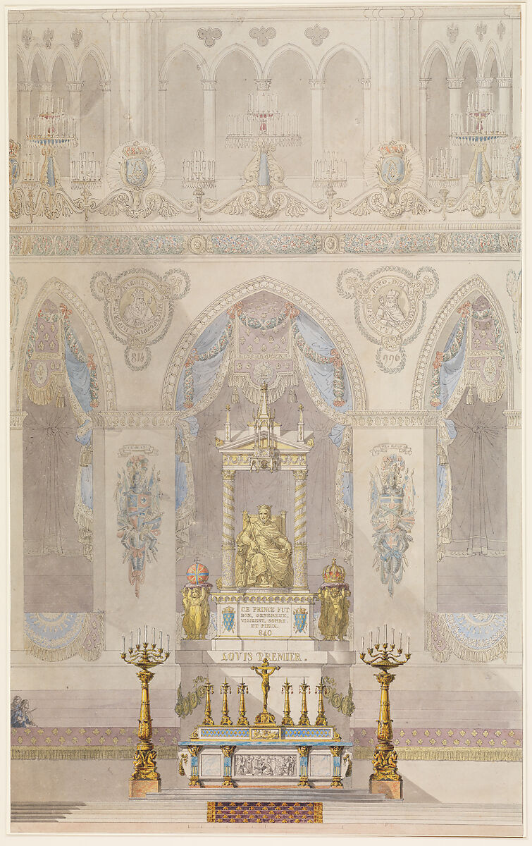 Interior Elevation of Reims Cathedral with a Statue of King Louis I and an Altar placed at Front, Charles Percier (French, Paris 1764–1838 Paris), Pen and black ink, watercolor, over graphite 