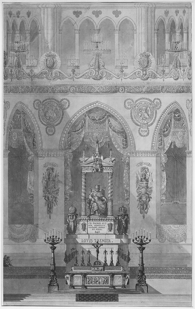 Interior Elevation of Reims Cathedral with a Statue of King Louis I and an Altar placed at Front, Charles Percier (French, Paris 1764–1838 Paris), Pen and black ink, watercolor, over graphite