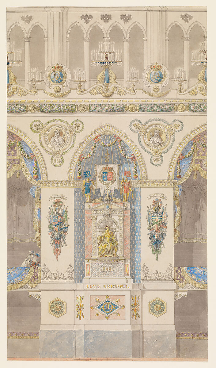 Interior Elevation of Reims Cathedral with a Statue of King Louis I, Charles Percier (French, Paris 1764–1838 Paris), Pen and black ink, watercolor 