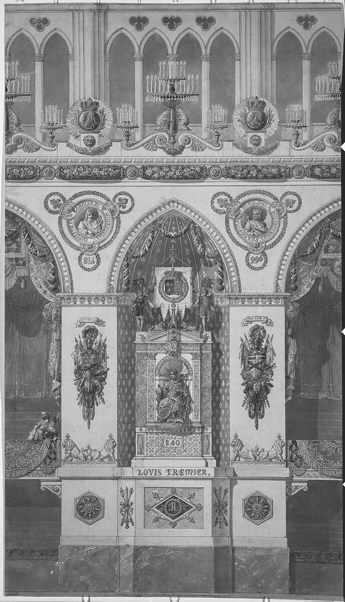 Interior Elevation of Reims Cathedral with a Statue of King Louis I, Charles Percier (French, Paris 1764–1838 Paris), Pen and black ink, watercolor