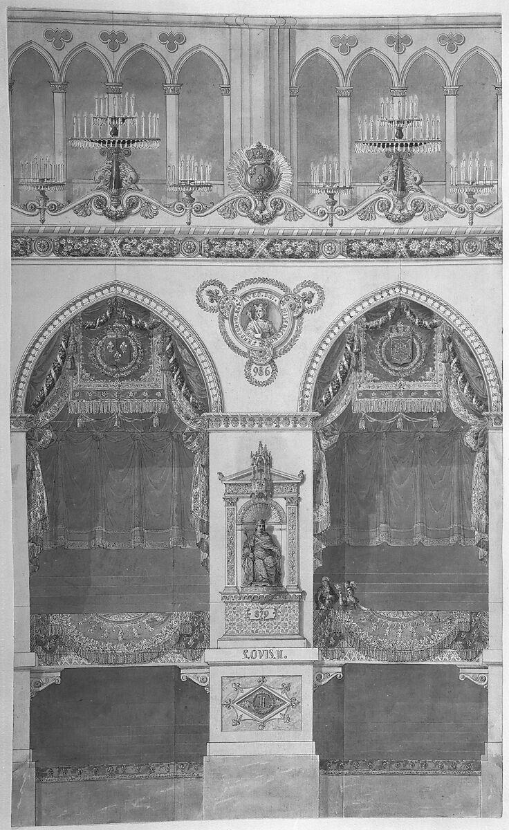 Interior Elevation of Reims Cathedral with a Statue of King Louis II, Charles Percier (French, Paris 1764–1838 Paris), Pen and black ink, watercolor 